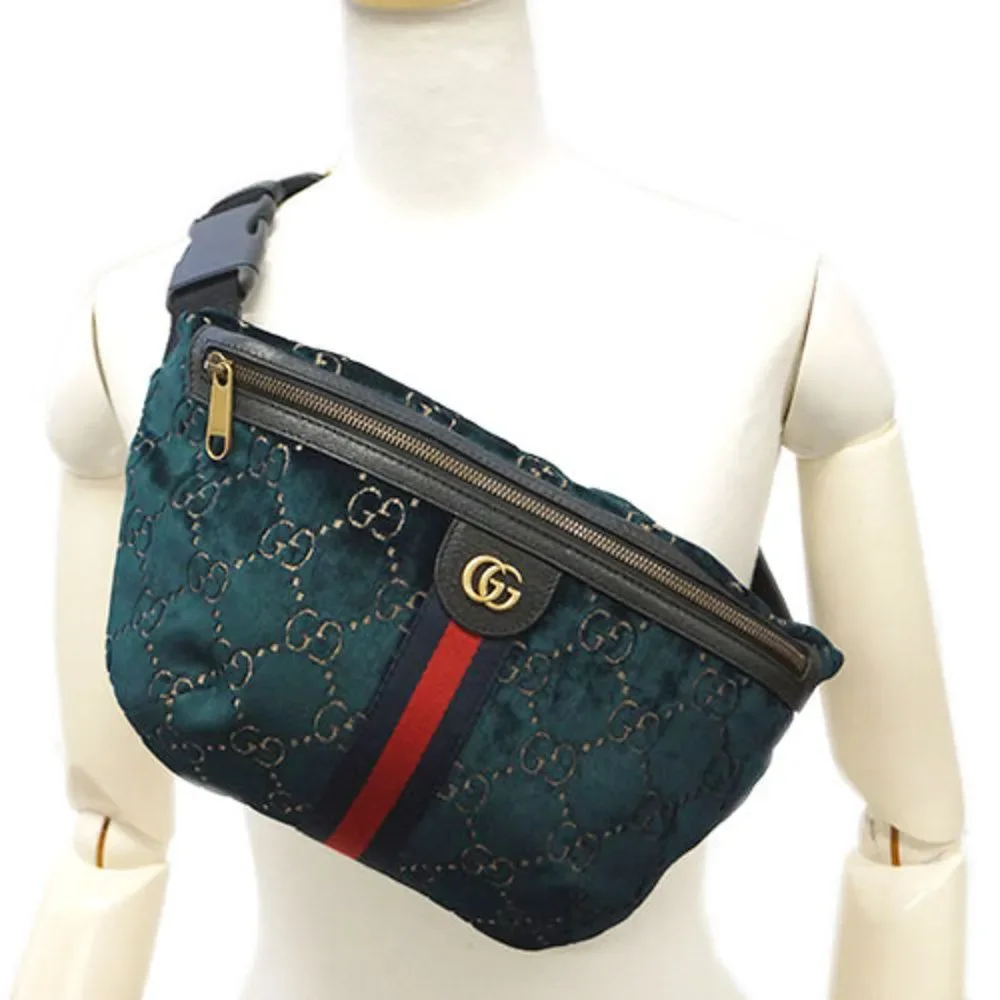 Gucci Waist Bag Diagonal GG Pattern GG Marmont Webbing Velvet Leather Navy - Picture 4 of 7